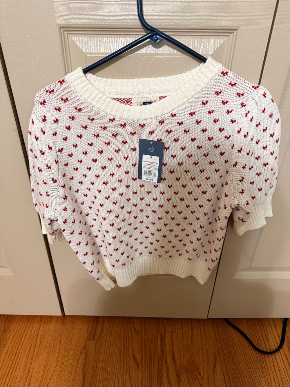 Universal Thread Cream Knit Crewneck Sweater with Red Heart Dot Pattern NWT